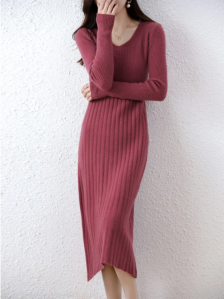 Cashmere Sweater Women's Knitted Dresses 100% Merino Wool Autumn Fashion Elegant Dress Winter Female Pullover Casual Long Skirts