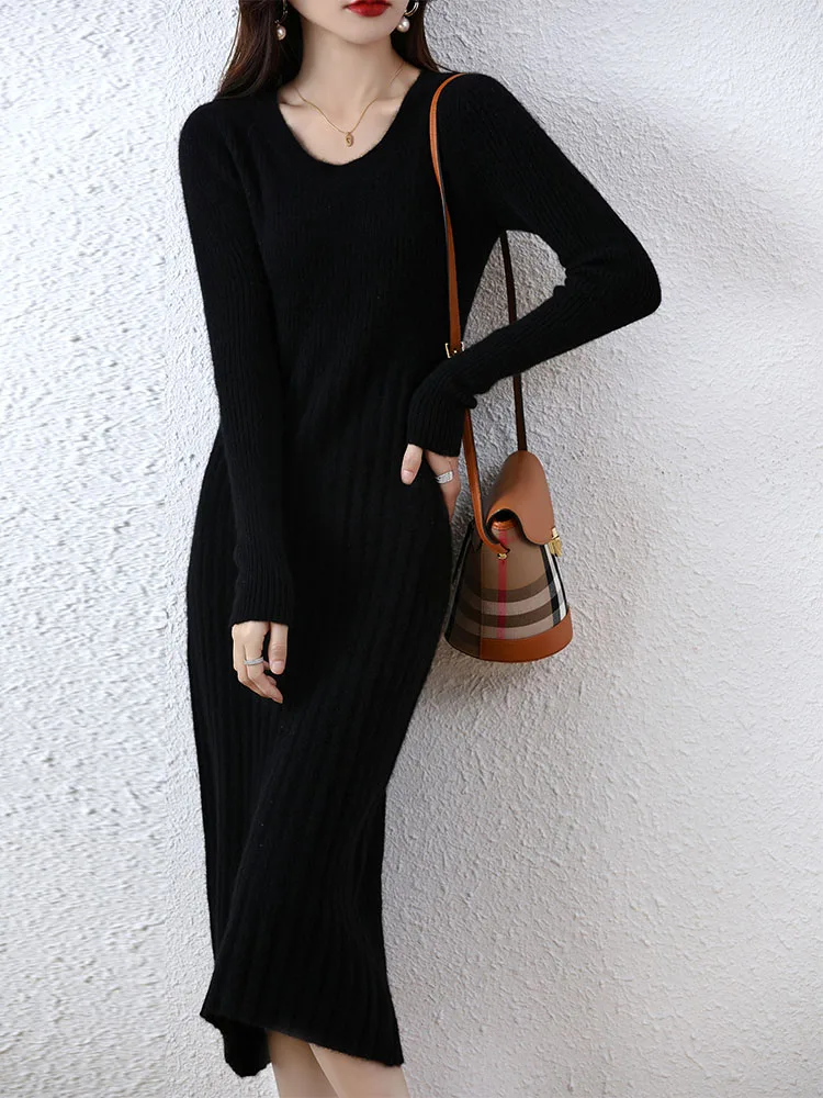 Cashmere Sweater Women's Knitted Dresses 100% Merino Wool Autumn Fashion Elegant Dress Winter Female Pullover Casual Long Skirts