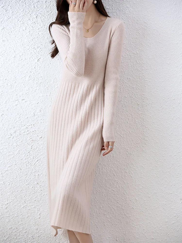 Cashmere Sweater Women's Knitted Dresses 100% Merino Wool Autumn Fashion Elegant Dress Winter Female Pullover Casual Long Skirts