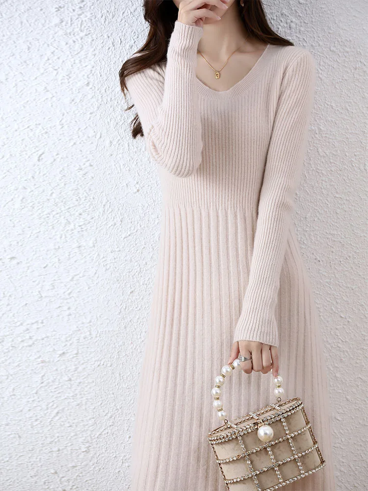 Cashmere Sweater Women's Knitted Dresses 100% Merino Wool Autumn Fashion Elegant Dress Winter Female Pullover Casual Long Skirts