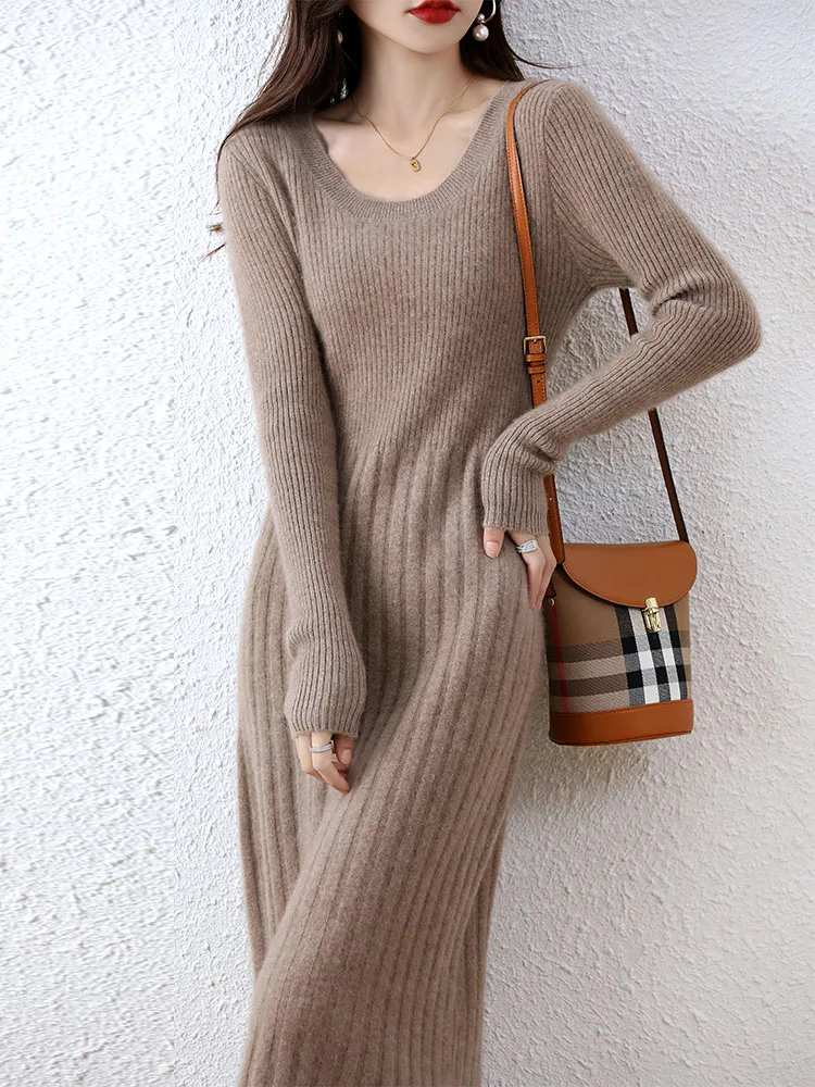Cashmere Sweater Women's Knitted Dresses 100% Merino Wool Autumn Fashion Elegant Dress Winter Female Pullover Casual Long Skirts