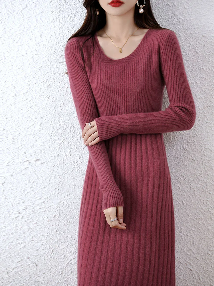 Cashmere Sweater Women's Knitted Dresses 100% Merino Wool Autumn Fashion Elegant Dress Winter Female Pullover Casual Long Skirts
