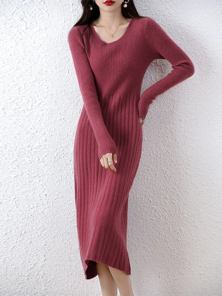Cashmere Sweater Women's Knitted Dresses 100% Merino Wool Autumn Fashion Elegant Dress Winter Female Pullover Casual Long Skirts