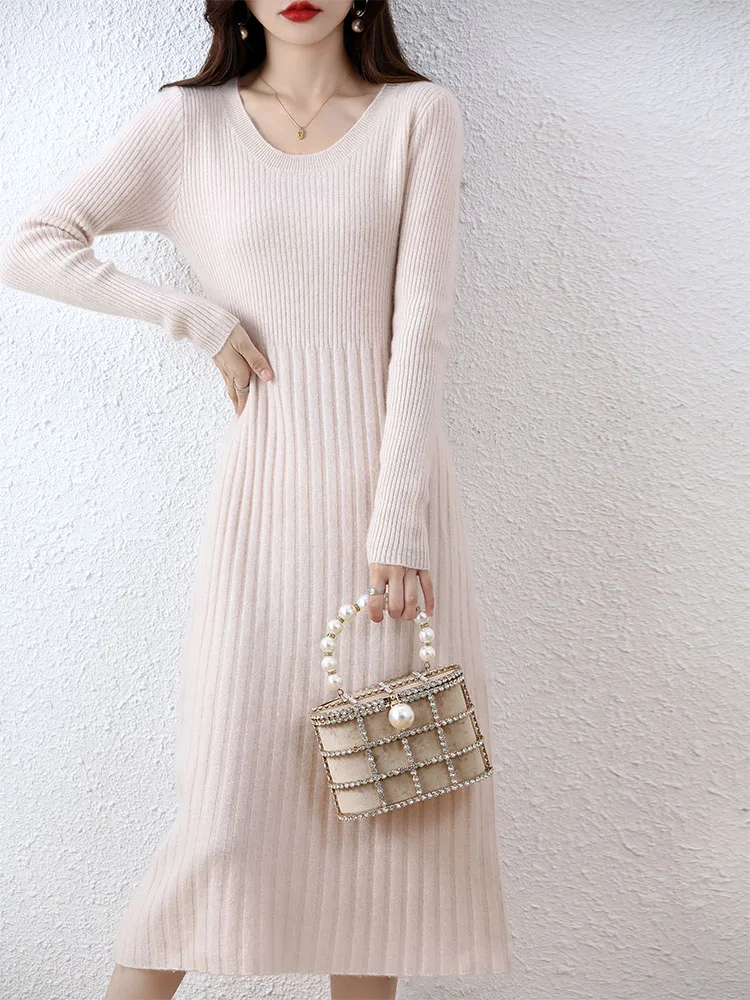 Cashmere Sweater Women's Knitted Dresses 100% Merino Wool Autumn Fashion Elegant Dress Winter Female Pullover Casual Long Skirts