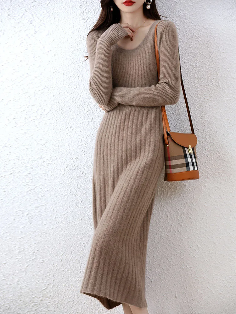 Cashmere Sweater Women's Knitted Dresses 100% Merino Wool Autumn Fashion Elegant Dress Winter Female Pullover Casual Long Skirts