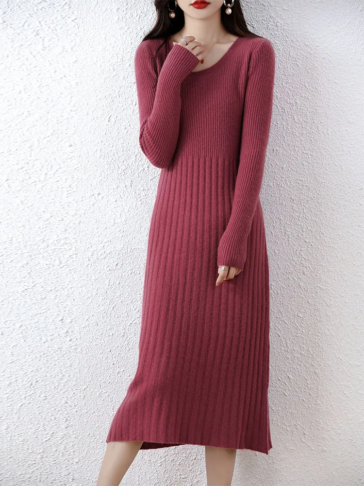 Cashmere Sweater Women's Knitted Dresses 100% Merino Wool Autumn Fashion Elegant Dress Winter Female Pullover Casual Long Skirts
