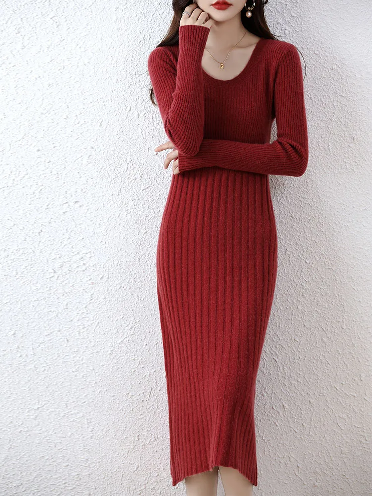 Cashmere Sweater Women's Knitted Dresses 100% Merino Wool Autumn Fashion Elegant Dress Winter Female Pullover Casual Long Skirts