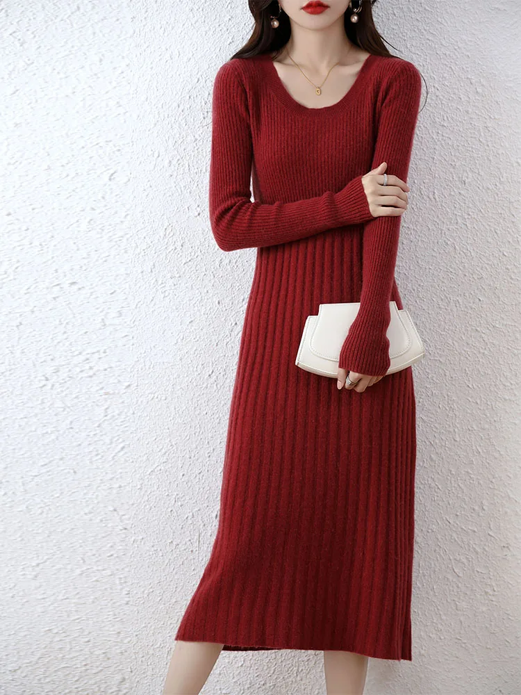 Cashmere Sweater Women's Knitted Dresses 100% Merino Wool Autumn Fashion Elegant Dress Winter Female Pullover Casual Long Skirts