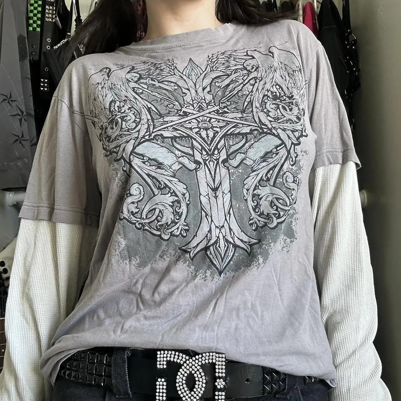 Vintage Graphic Skull Print T-shirts Y2K Cyber Aesthetic Tops Patchwork Long Sleeve Tee Gothic Grunge Emo Alt Clothes Streetwear