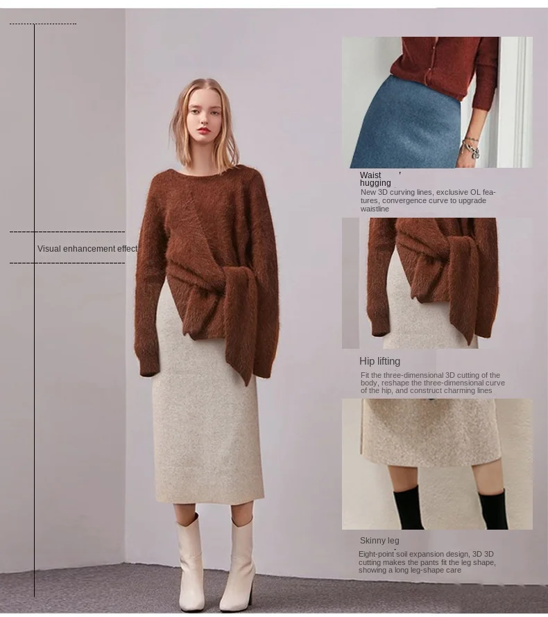 Women Wool Tweed Skirt Midi Skirt Women's Autumn and Winter New Vintage High Waist Slim Hip Skirt Mid-length A-line Skirt Woman