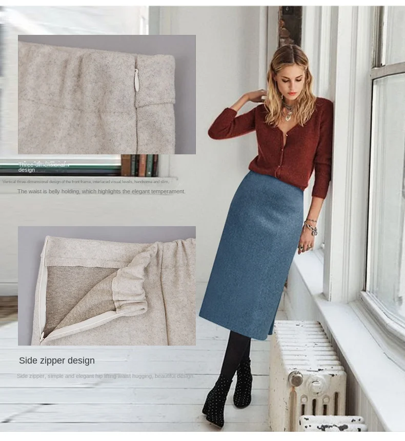 Women Wool Tweed Skirt Midi Skirt Women's Autumn and Winter New Vintage High Waist Slim Hip Skirt Mid-length A-line Skirt Woman