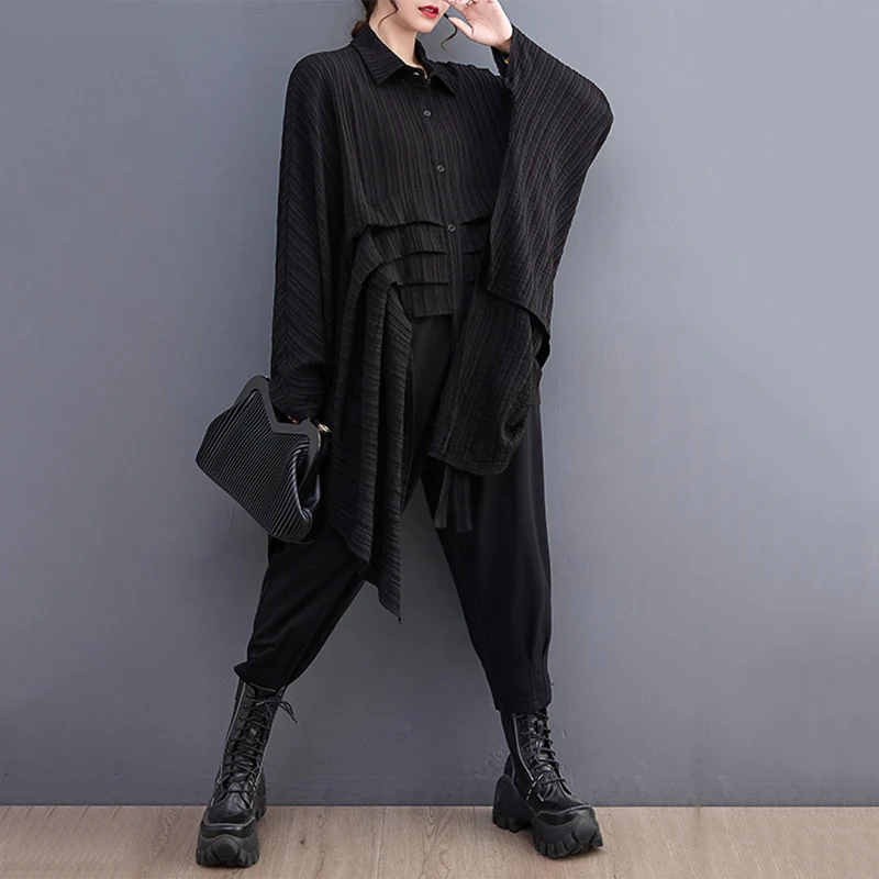 Green Vintage Irregular Oversized Shirt Women New Lapel Long Sleeve Loose Casual Blouse Top Fashion Clothing Spring Summer 2026