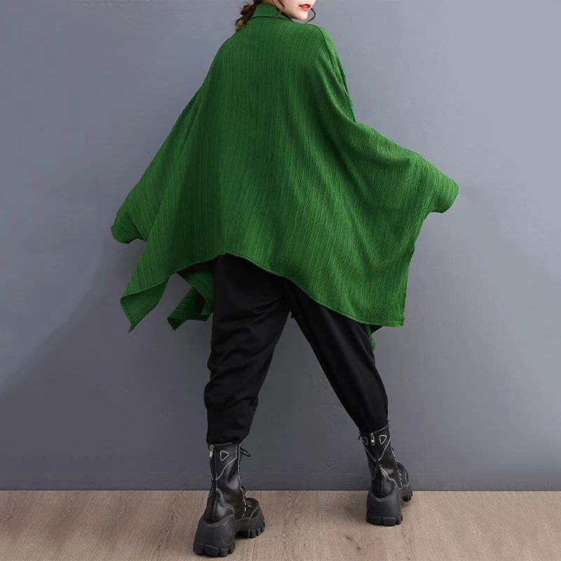 Green Vintage Irregular Oversized Shirt Women New Lapel Long Sleeve Loose Casual Blouse Top Fashion Clothing Spring Summer 2026