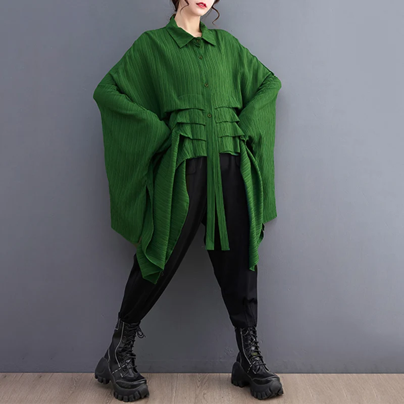 Green Vintage Irregular Oversized Shirt Women New Lapel Long Sleeve Loose Casual Blouse Top Fashion Clothing Spring Summer 2026
