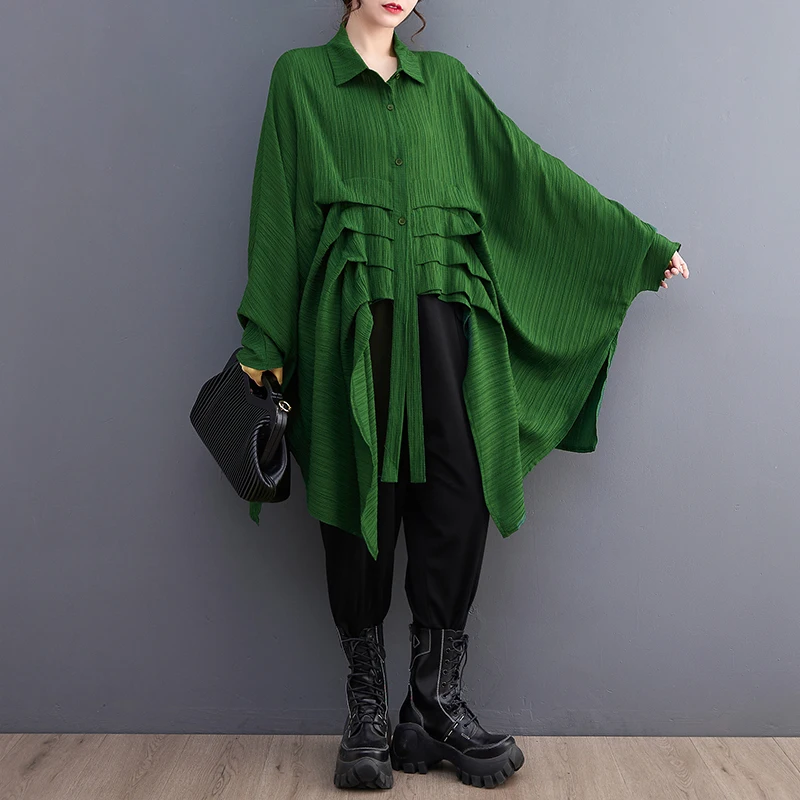 Green Vintage Irregular Oversized Shirt Women New Lapel Long Sleeve Loose Casual Blouse Top Fashion Clothing Spring Summer 2026