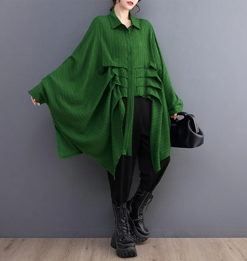 Green Vintage Irregular Oversized Shirt Women New Lapel Long Sleeve Loose Casual Blouse Top Fashion Clothing Spring Summer 2026