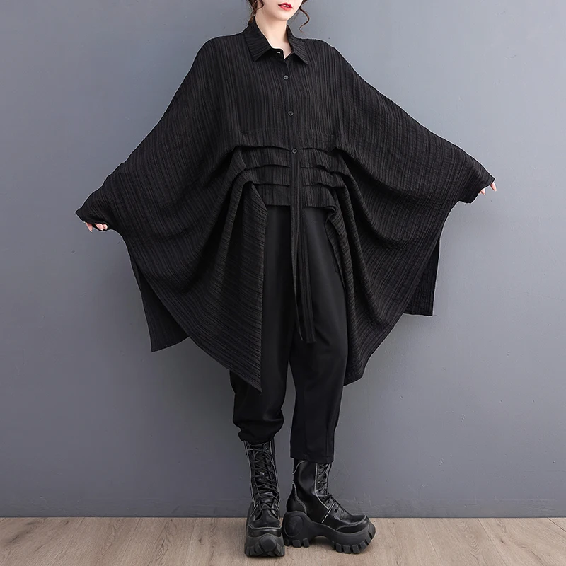 Green Vintage Irregular Oversized Shirt Women New Lapel Long Sleeve Loose Casual Blouse Top Fashion Clothing Spring Summer 2026
