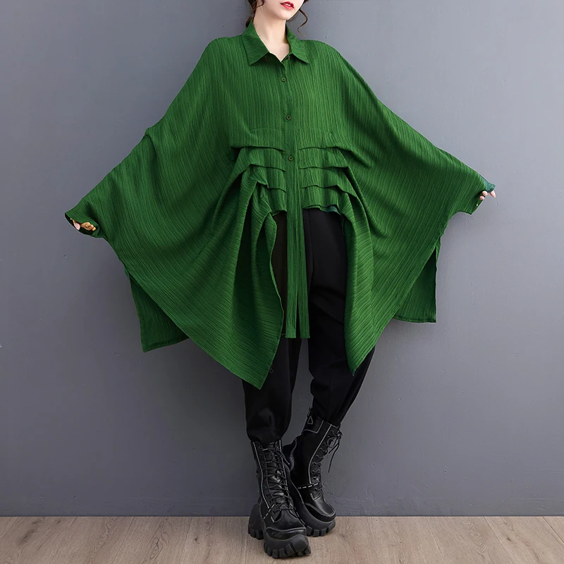 Green Vintage Irregular Oversized Shirt Women New Lapel Long Sleeve Loose Casual Blouse Top Fashion Clothing Spring Summer 2026
