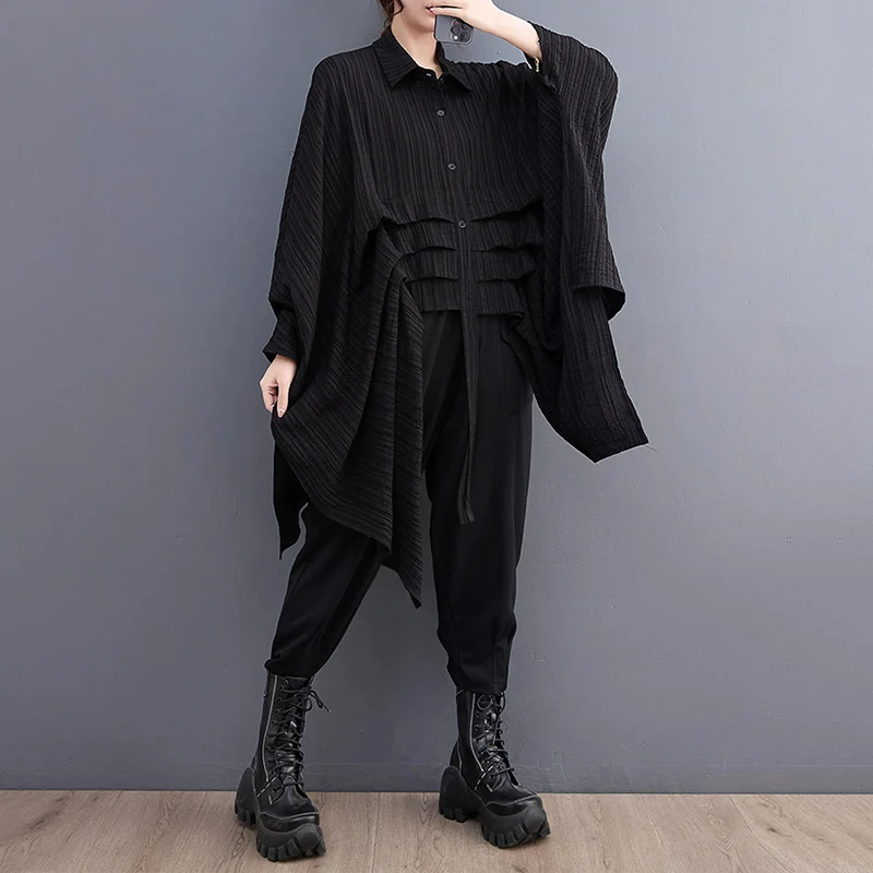 Green Vintage Irregular Oversized Shirt Women New Lapel Long Sleeve Loose Casual Blouse Top Fashion Clothing Spring Summer 2026