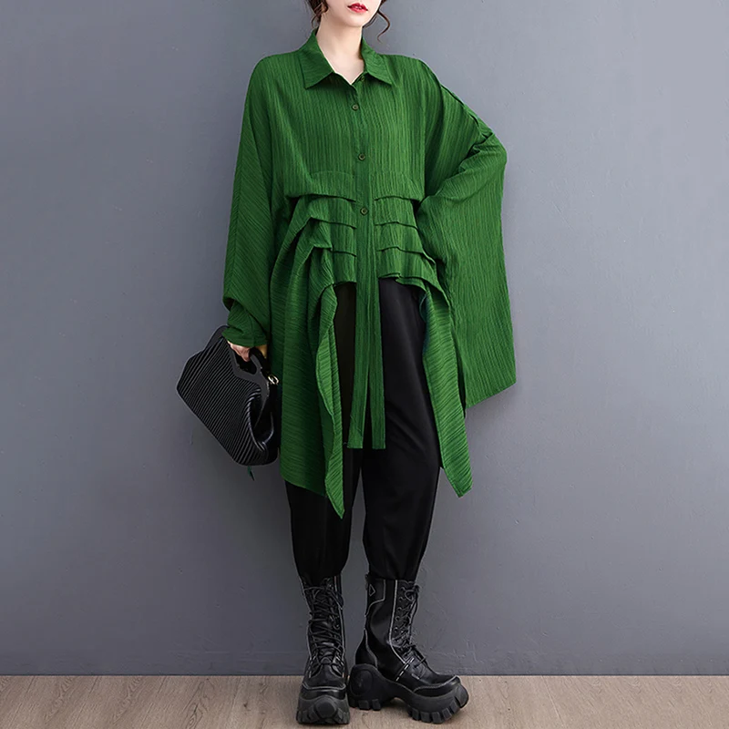 Green Vintage Irregular Oversized Shirt Women New Lapel Long Sleeve Loose Casual Blouse Top Fashion Clothing Spring Summer 2026