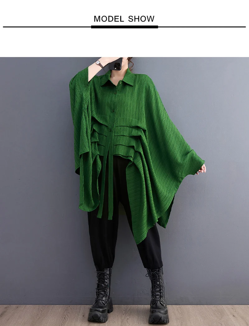 Green Vintage Irregular Oversized Shirt Women New Lapel Long Sleeve Loose Casual Blouse Top Fashion Clothing Spring Summer 2026