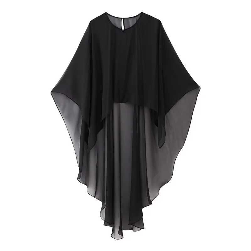 KEYANKETIAN Summer New Asymmetrical Tulle Cape Beach Wind Perspective Outfit Chic Chiffon Shawl Mid-Length Pull-Over Top