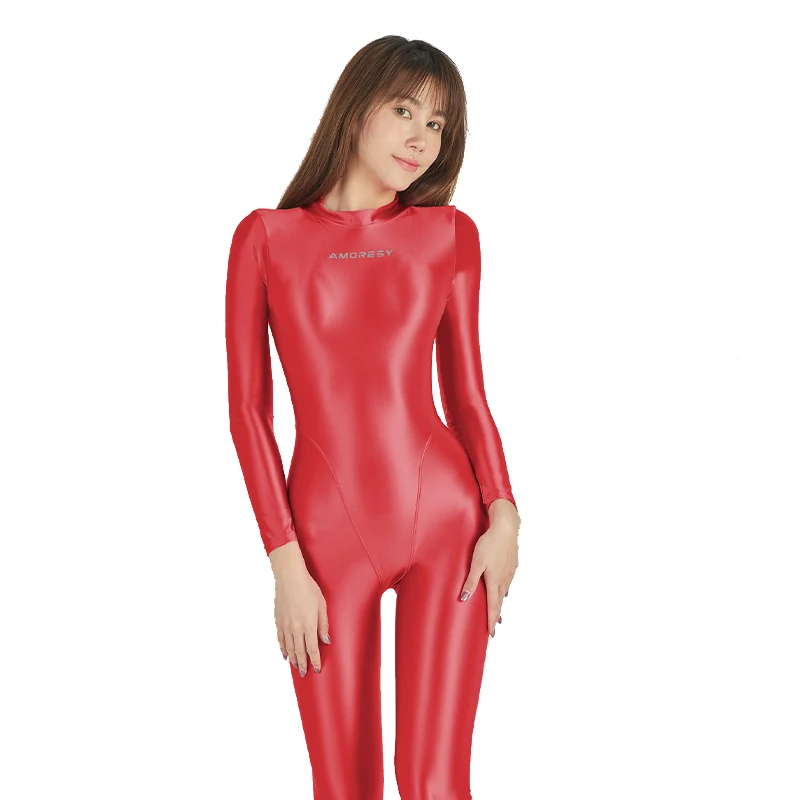 2023 AMORESY Women's Catsuit Playsuits Wetlook Shiny Glossy Tights Zipper Leotards Fullbody Overall Zentai Jumpsuits