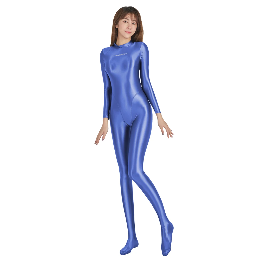 2023 AMORESY Women's Catsuit Playsuits Wetlook Shiny Glossy Tights Zipper Leotards Fullbody Overall Zentai Jumpsuits