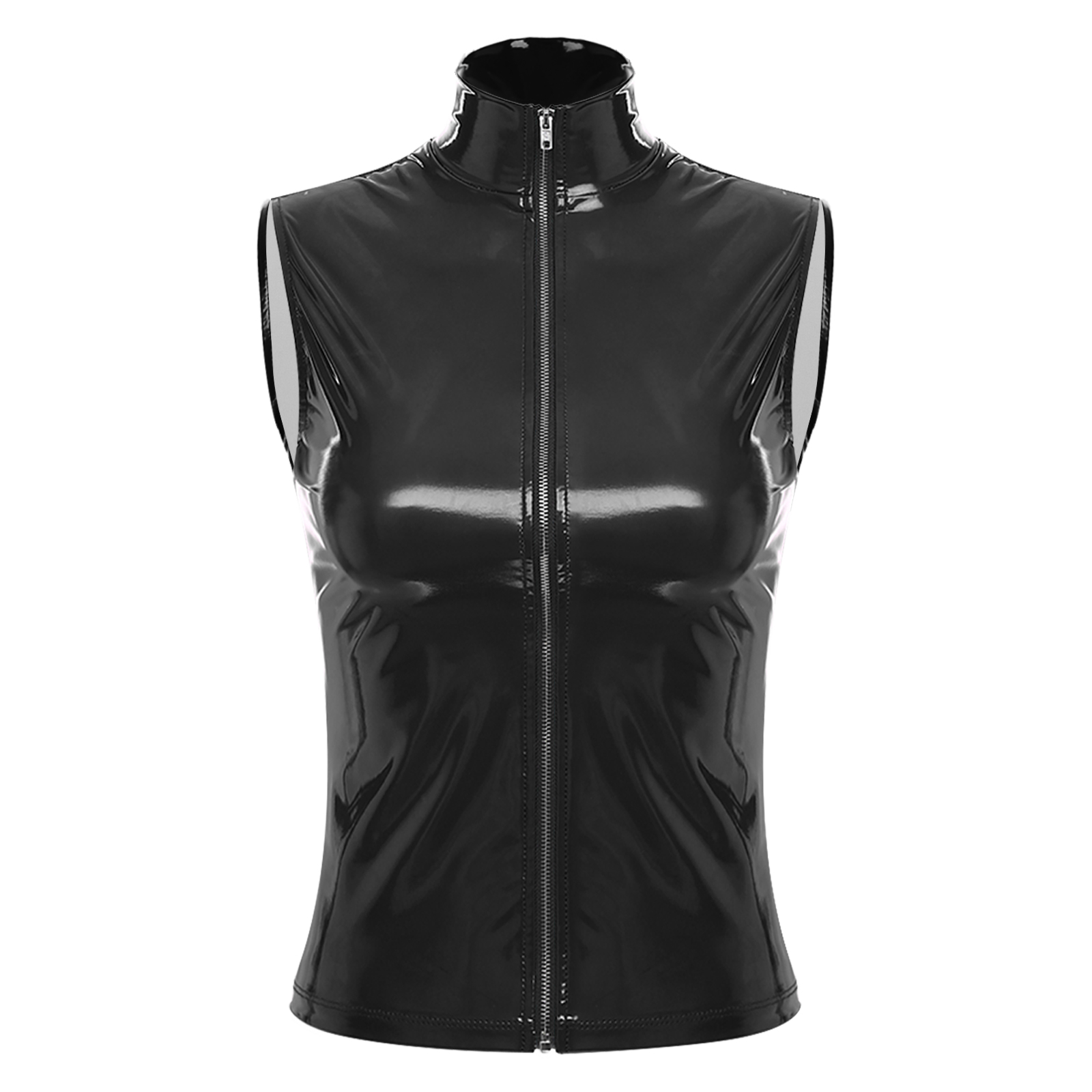 Womens Wet Look Patent Leather Mock Neck Sleeveless Crop Tops Vest Zipper Camisole Blouse Rave Clubwear Party Stage Pole Dance