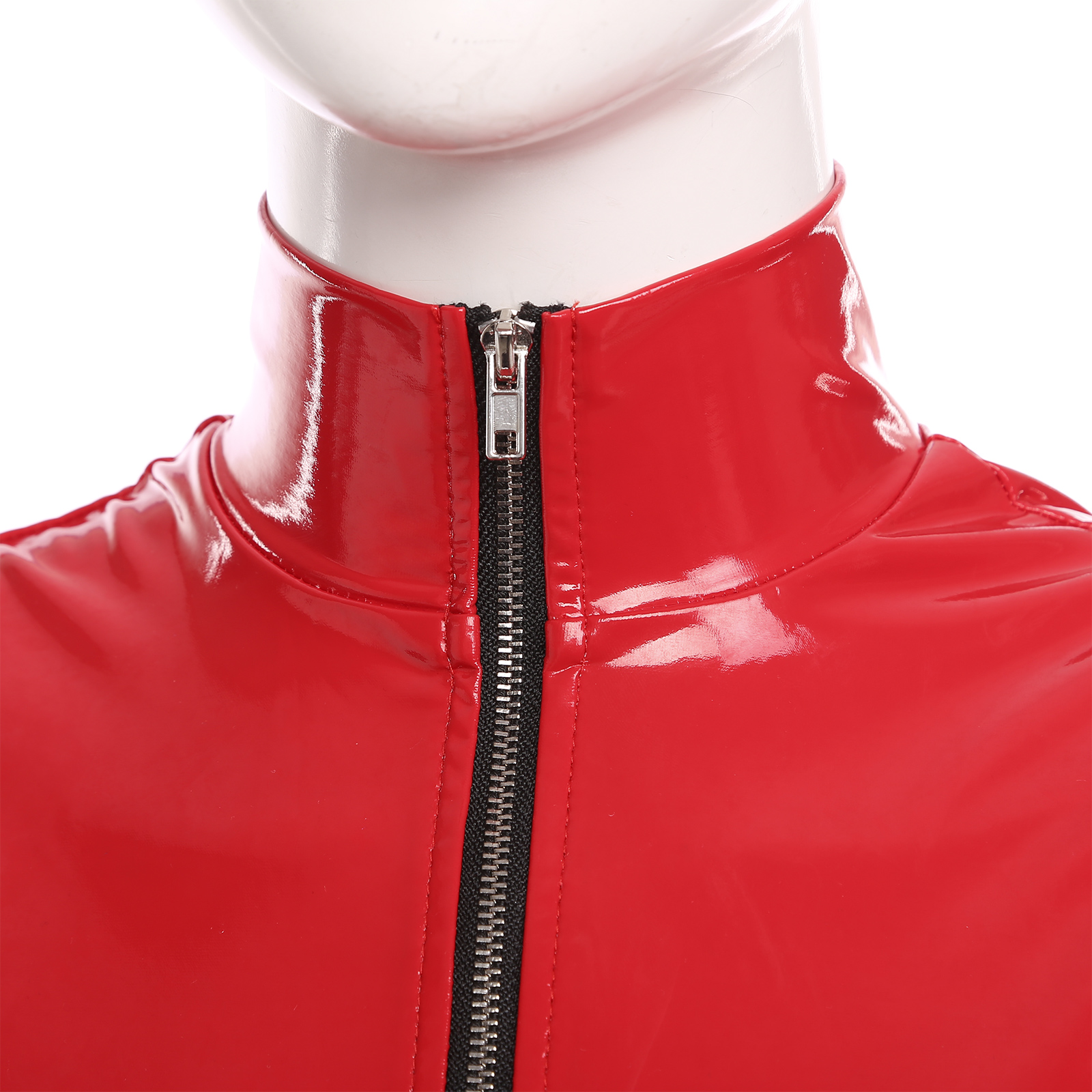Womens Wet Look Patent Leather Mock Neck Sleeveless Crop Tops Vest Zipper Camisole Blouse Rave Clubwear Party Stage Pole Dance