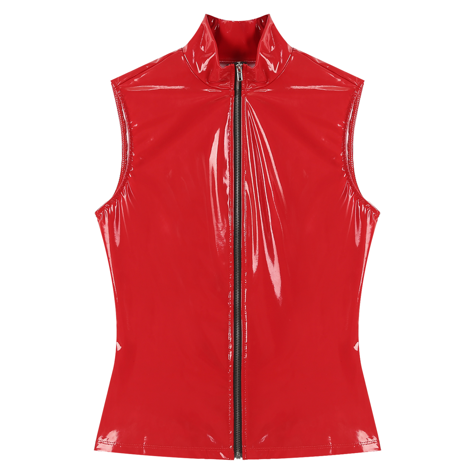 Womens Wet Look Patent Leather Mock Neck Sleeveless Crop Tops Vest Zipper Camisole Blouse Rave Clubwear Party Stage Pole Dance