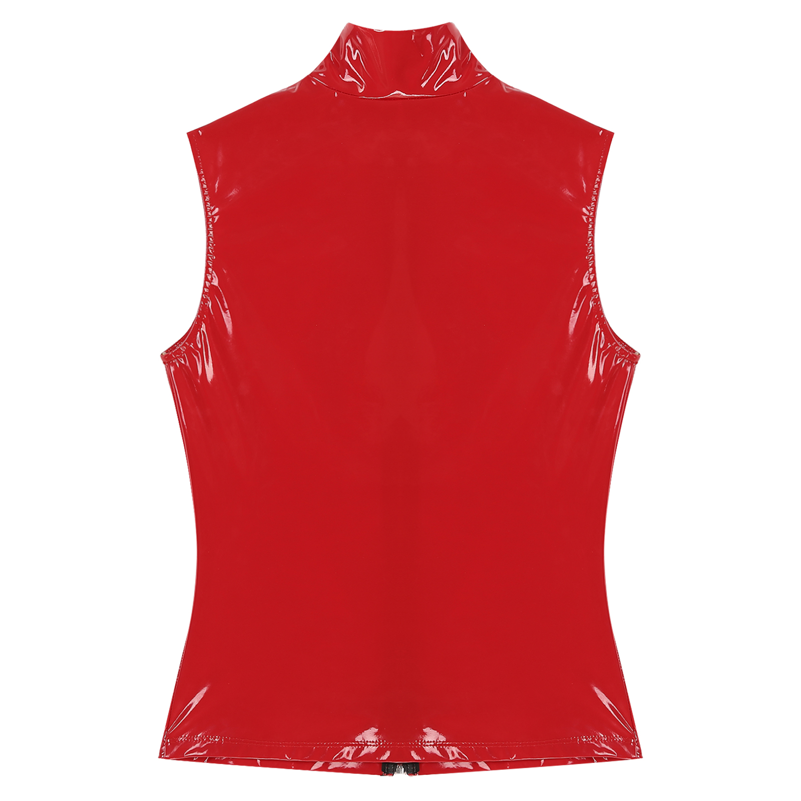 Womens Wet Look Patent Leather Mock Neck Sleeveless Crop Tops Vest Zipper Camisole Blouse Rave Clubwear Party Stage Pole Dance