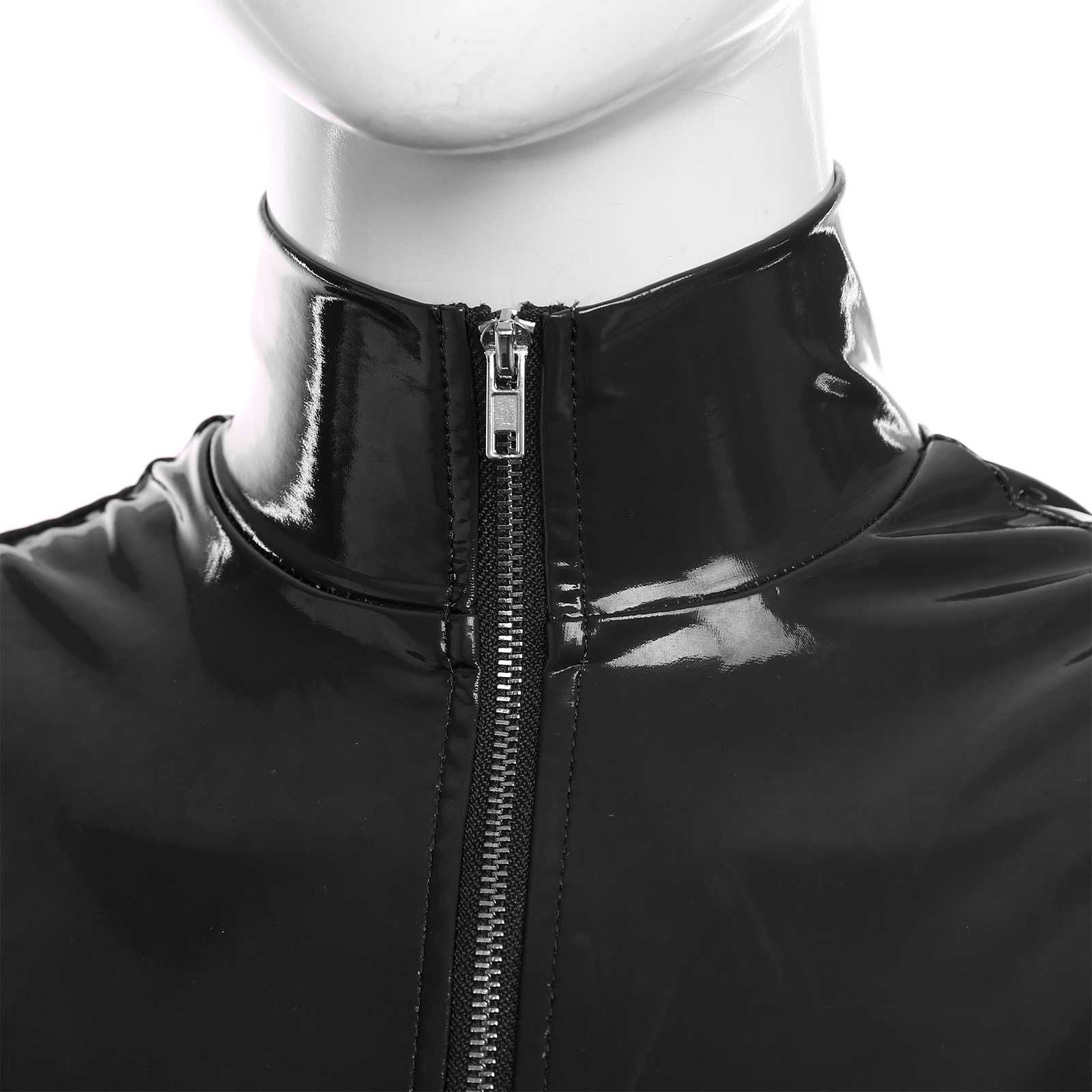 Womens Wet Look Patent Leather Mock Neck Sleeveless Crop Tops Vest Zipper Camisole Blouse Rave Clubwear Party Stage Pole Dance