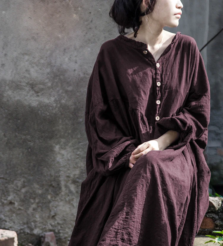 UMI MAO Chinese Style Yamamoto Autumn Winter Mountain Design Lantern Sleeve Super Loose Cotton Dress Elegant Femme Y2K