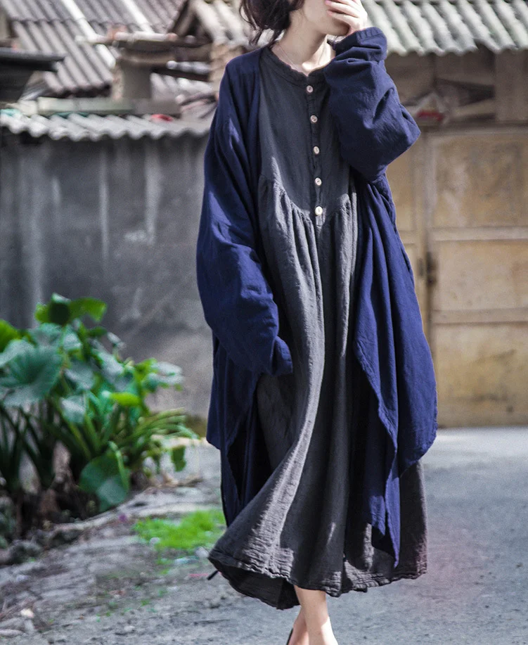 UMI MAO Chinese Style Yamamoto Autumn Winter Mountain Design Lantern Sleeve Super Loose Cotton Dress Elegant Femme Y2K