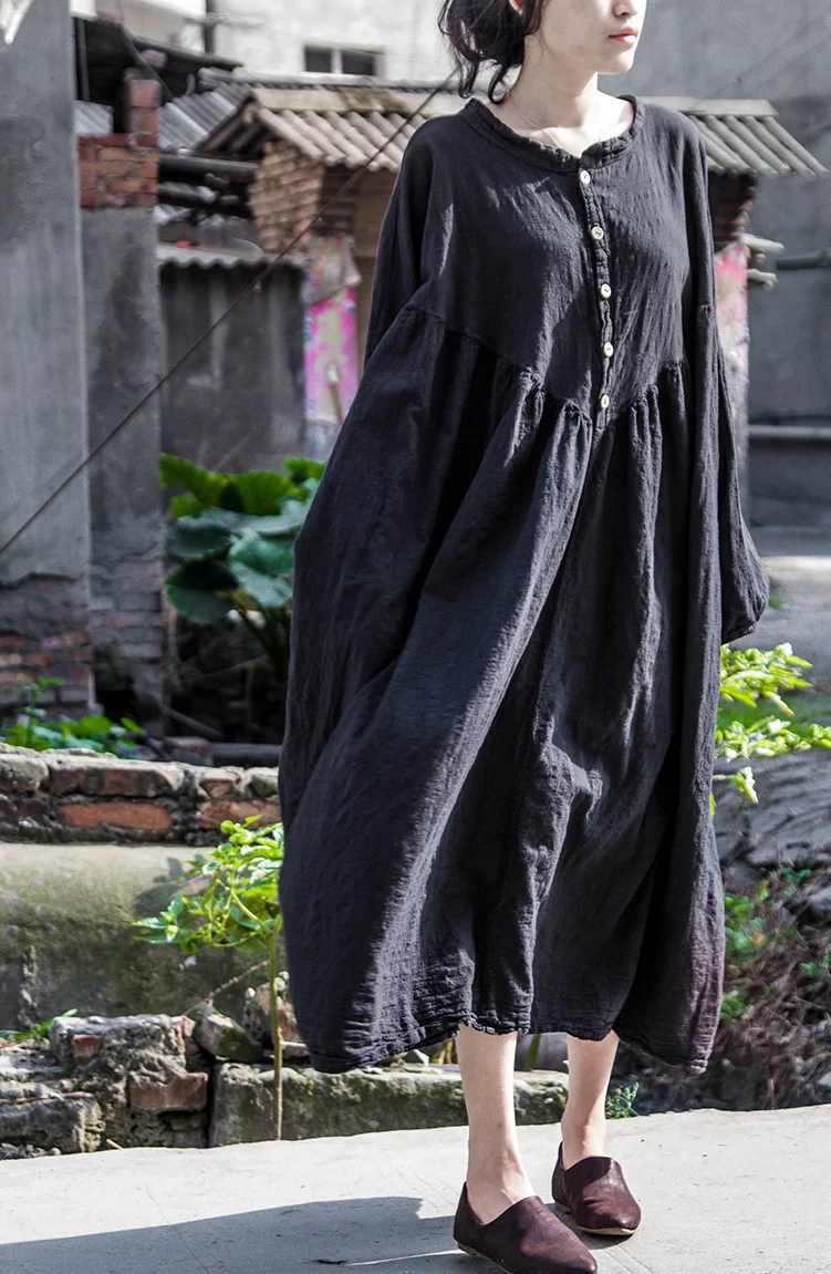 UMI MAO Chinese Style Yamamoto Autumn Winter Mountain Design Lantern Sleeve Super Loose Cotton Dress Elegant Femme Y2K