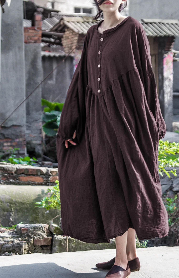 UMI MAO Chinese Style Yamamoto Autumn Winter Mountain Design Lantern Sleeve Super Loose Cotton Dress Elegant Femme Y2K