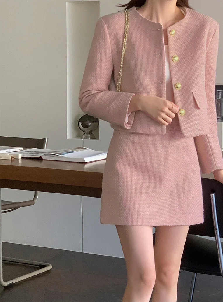 New Korean Fashion Tweed Two Piece Set For Women Autumn Winter Elegant Long Sleeve Short Jacket Coat + Mini Skirt Suits OL