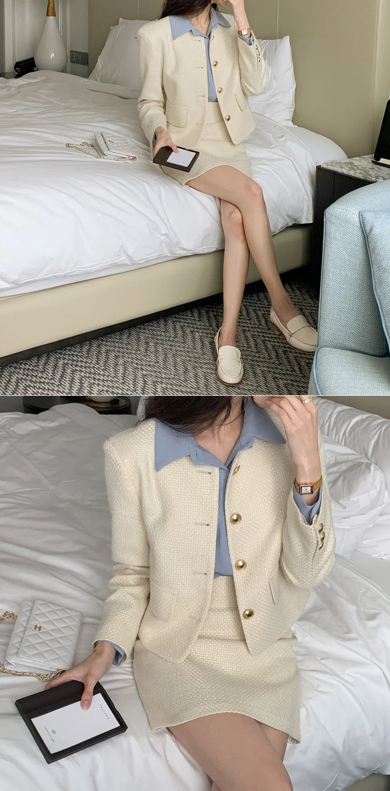 New Korean Fashion Tweed Two Piece Set For Women Autumn Winter Elegant Long Sleeve Short Jacket Coat + Mini Skirt Suits OL