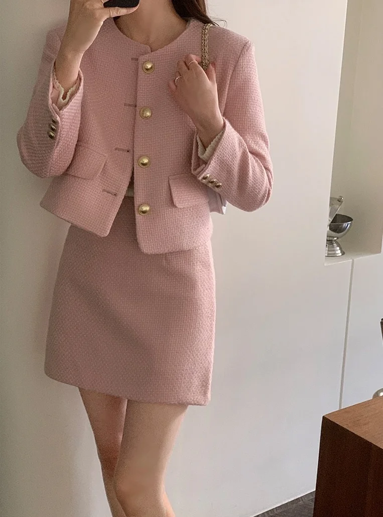 New Korean Fashion Tweed Two Piece Set For Women Autumn Winter Elegant Long Sleeve Short Jacket Coat + Mini Skirt Suits OL