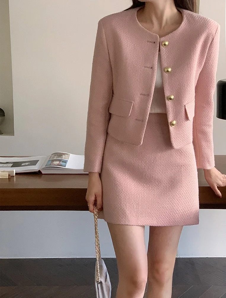 New Korean Fashion Tweed Two Piece Set For Women Autumn Winter Elegant Long Sleeve Short Jacket Coat + Mini Skirt Suits OL