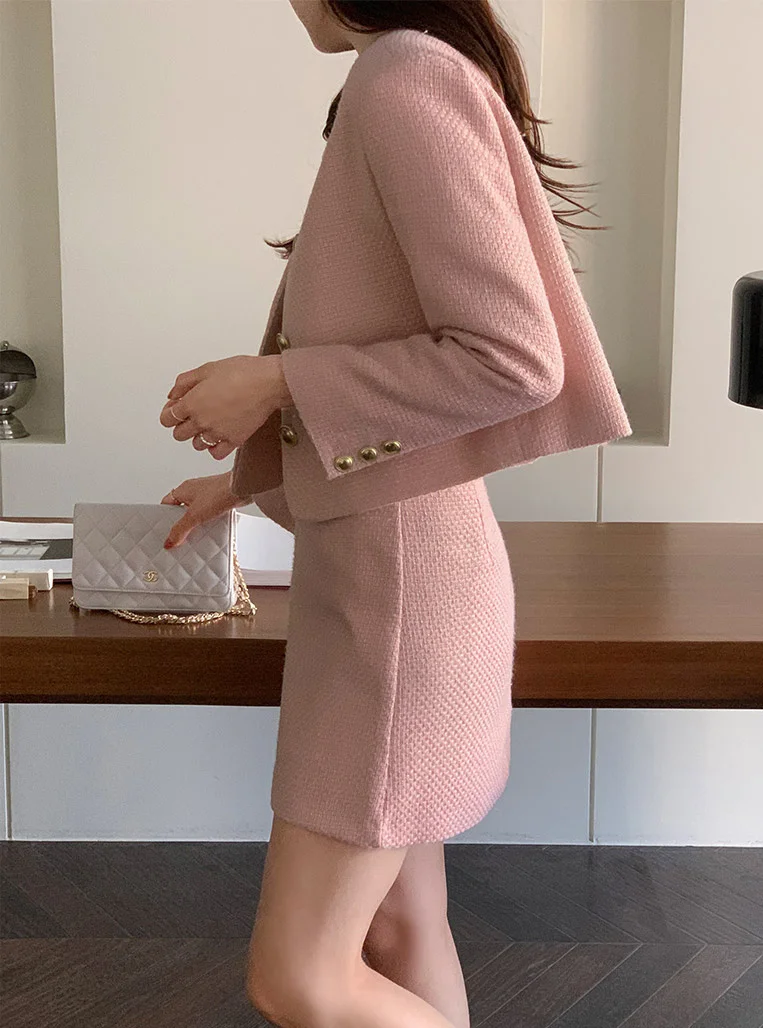 New Korean Fashion Tweed Two Piece Set For Women Autumn Winter Elegant Long Sleeve Short Jacket Coat + Mini Skirt Suits OL