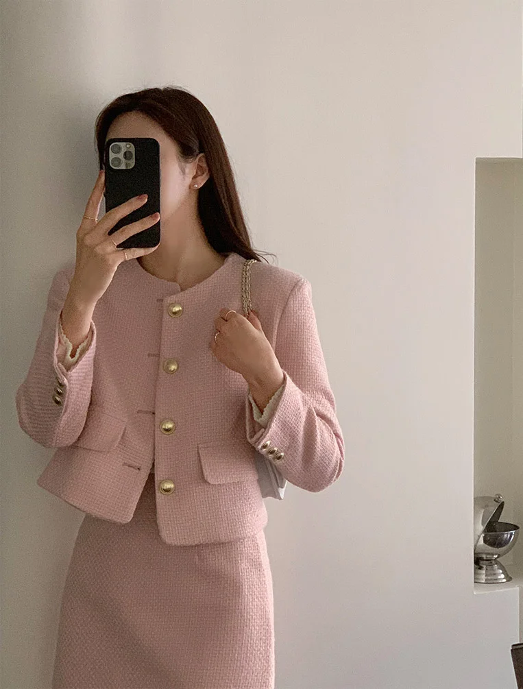 New Korean Fashion Tweed Two Piece Set For Women Autumn Winter Elegant Long Sleeve Short Jacket Coat + Mini Skirt Suits OL