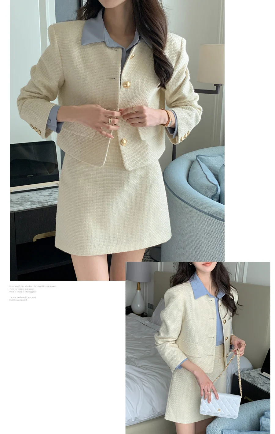 New Korean Fashion Tweed Two Piece Set For Women Autumn Winter Elegant Long Sleeve Short Jacket Coat + Mini Skirt Suits OL