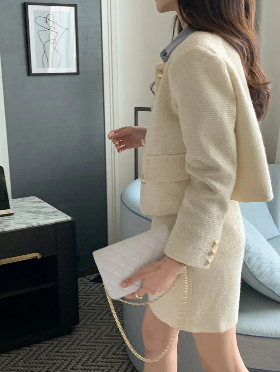New Korean Fashion Tweed Two Piece Set For Women Autumn Winter Elegant Long Sleeve Short Jacket Coat + Mini Skirt Suits OL