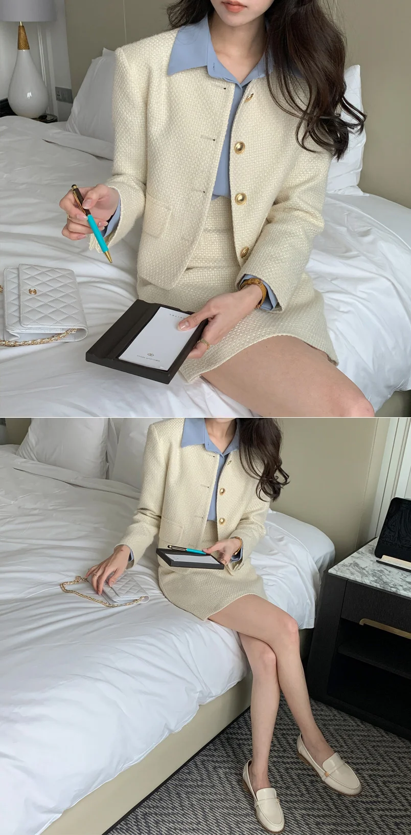 New Korean Fashion Tweed Two Piece Set For Women Autumn Winter Elegant Long Sleeve Short Jacket Coat + Mini Skirt Suits OL