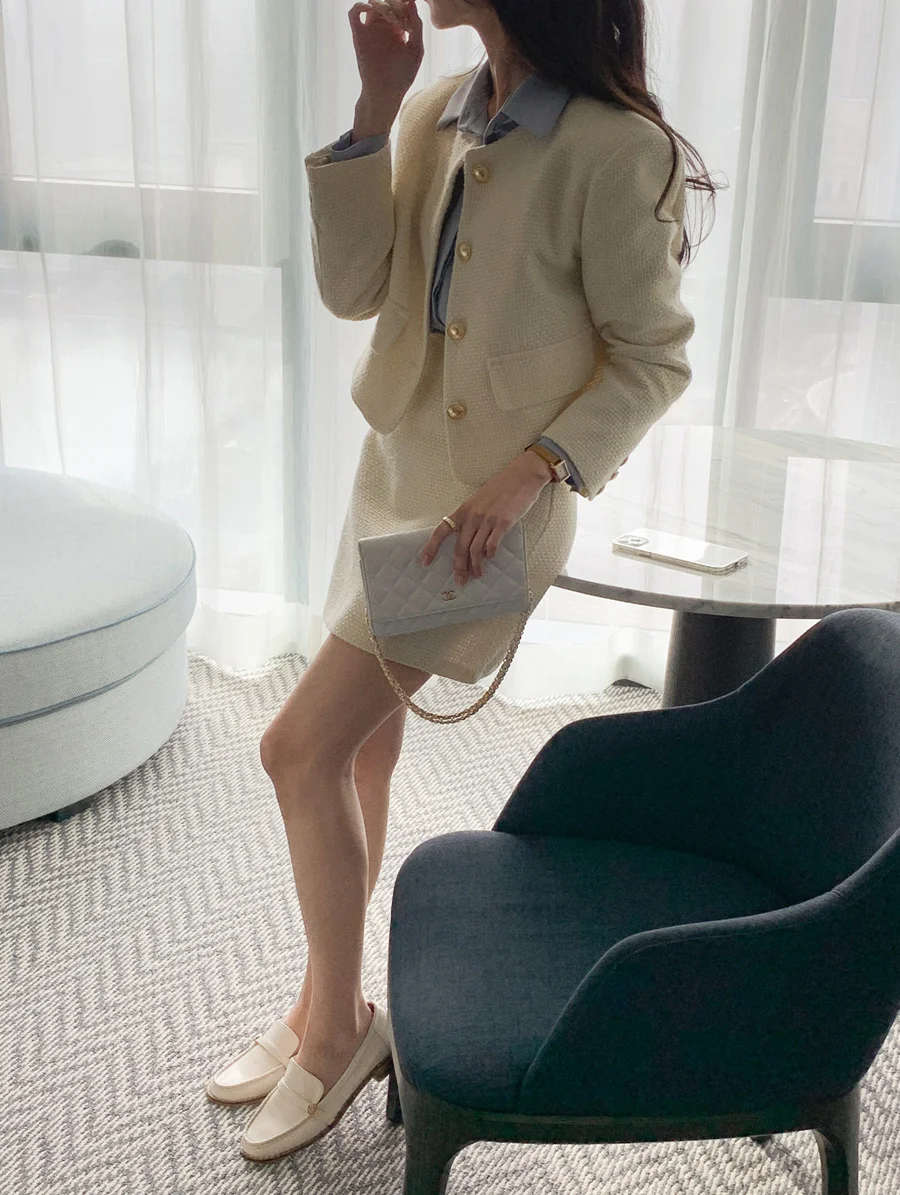 New Korean Fashion Tweed Two Piece Set For Women Autumn Winter Elegant Long Sleeve Short Jacket Coat + Mini Skirt Suits OL