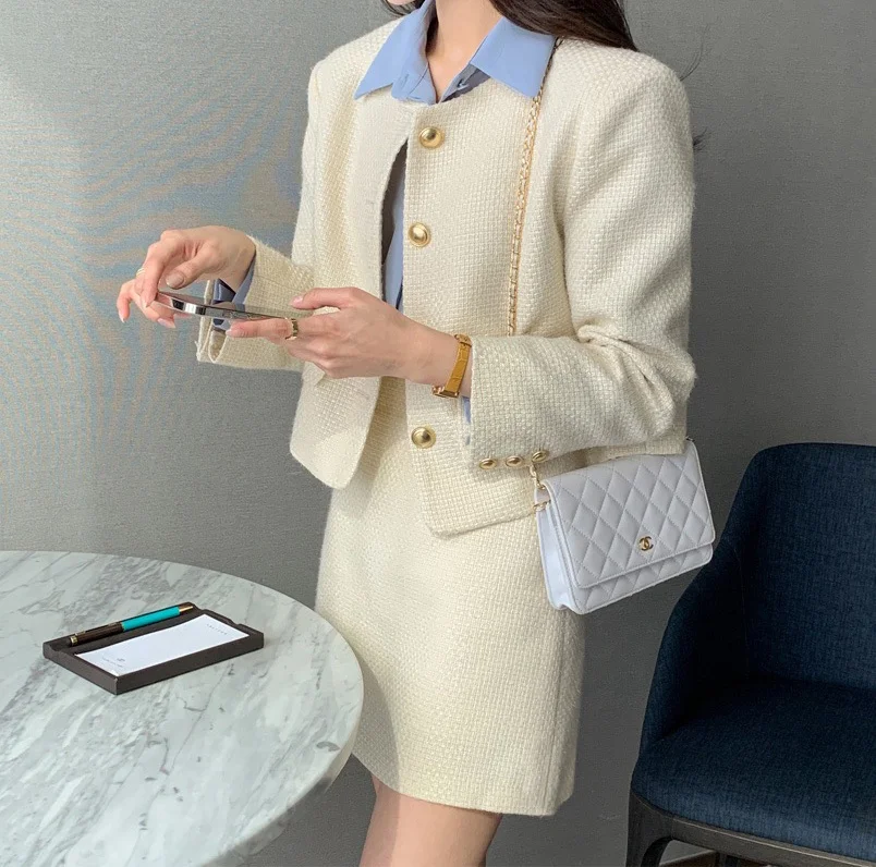 New Korean Fashion Tweed Two Piece Set For Women Autumn Winter Elegant Long Sleeve Short Jacket Coat + Mini Skirt Suits OL