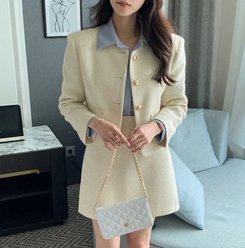 New Korean Fashion Tweed Two Piece Set For Women Autumn Winter Elegant Long Sleeve Short Jacket Coat + Mini Skirt Suits OL