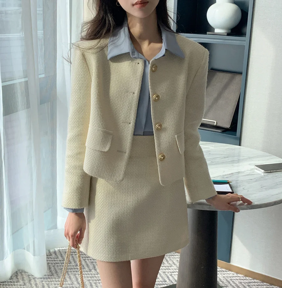 New Korean Fashion Tweed Two Piece Set For Women Autumn Winter Elegant Long Sleeve Short Jacket Coat + Mini Skirt Suits OL